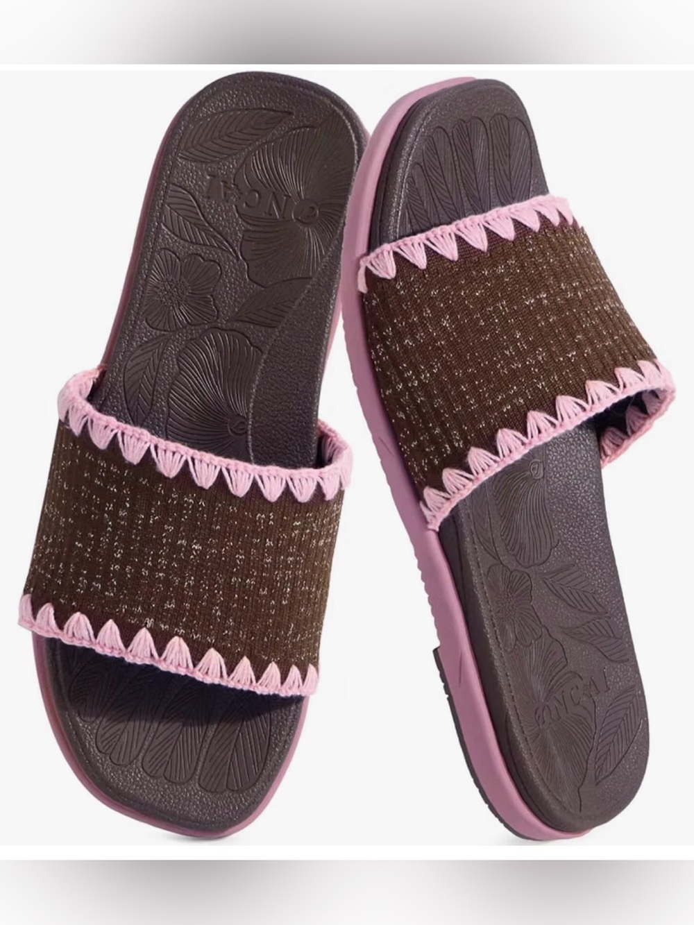 Women’s Brown Slide Sandals with Pink Trim